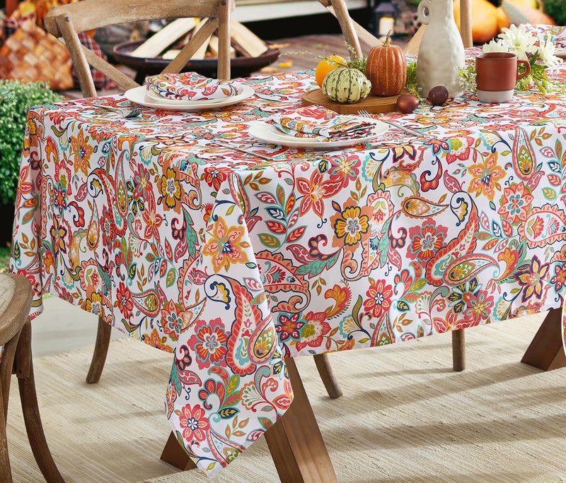 Newbridge Rectangle Fabric Tablecloth, Bohemian Coral Paisley, 60 x 84 Inch, Stain and Water Resistant Heavy Weight Summer Table Cover, Boho Chic Multicolor Floral - Image 5